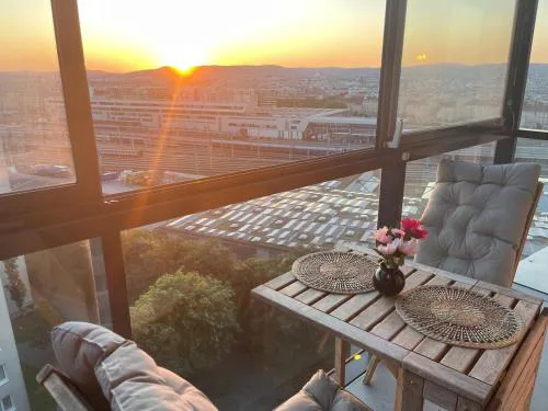 High-rise apartment with sunset