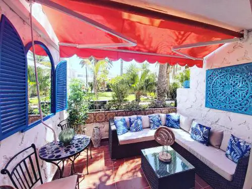 Tropical garden view with pool