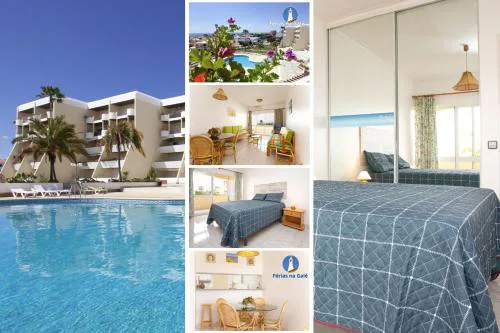 O Apartamento A Ramos Palmeira Galé Está inserido num Condomínio com PISCINA, Fica apenas a 250 Metros da Praia da Galé - Apartamento com Ar Condicionado na Sala, Smart TV com Prime Vídeo e Cozinha Completa