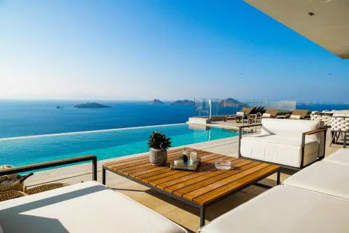 Villa View Bodrum Infinity Pool Sunset over Greek Islands Private Concierge Breakfast Up to 10 Guests